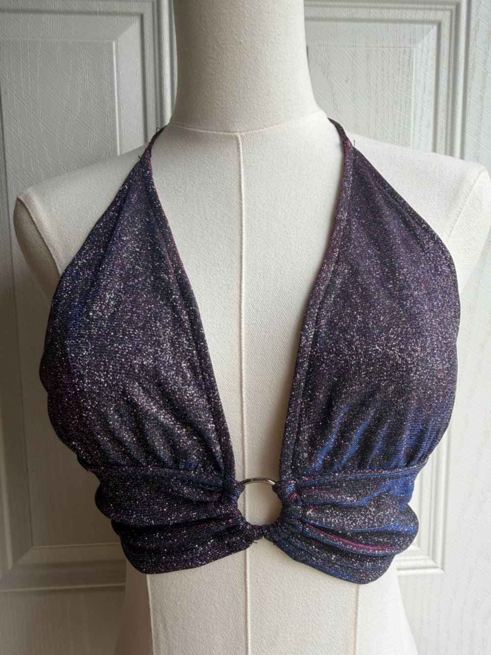 CIDER Small Y2K Festival Raver Shimmery Halter Top with Center Ring